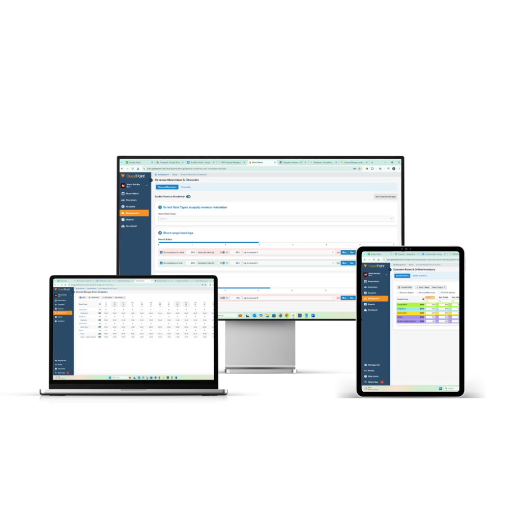 GuestPoint interface shown on an ipad, laptop and desktop screen used on a page about our revenue management solutions