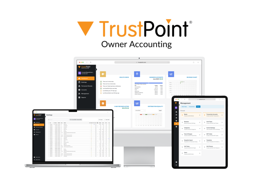image showing 3 devices including laptop, tablet and desktop showing TrustPoint trust accounting software on screen with a heading that says Trustpoint Owner Accounting