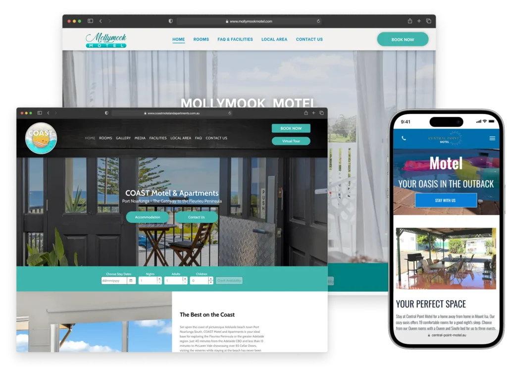 example of hotel website design by GuestPoint shown on a desktop, laptop and mobile device