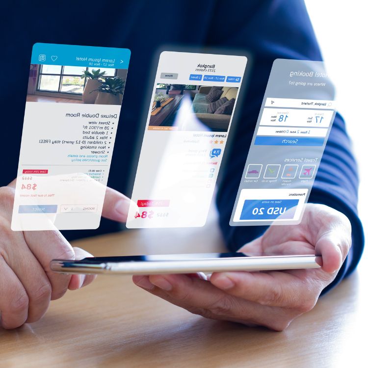 3 different hotel options appearing out of a mobile device used on a blog about what a hotel channel manager is