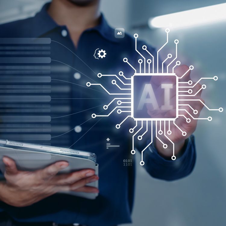business person using tablet and touching a screen with 'AI' on it used on a blog about AI in the hospitality industry and the impact on digital marketing for hotels