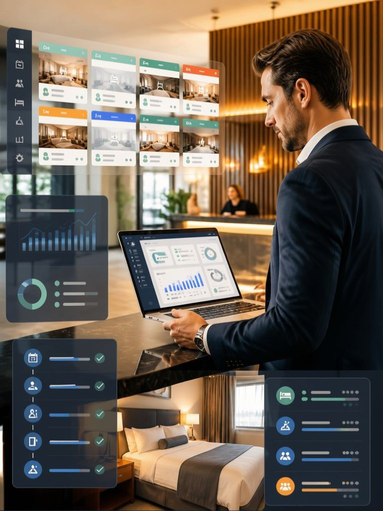 hotel manager using a laptop to manage the property with automation-style UI cues overlaid used on a blog about workflow automations in property management