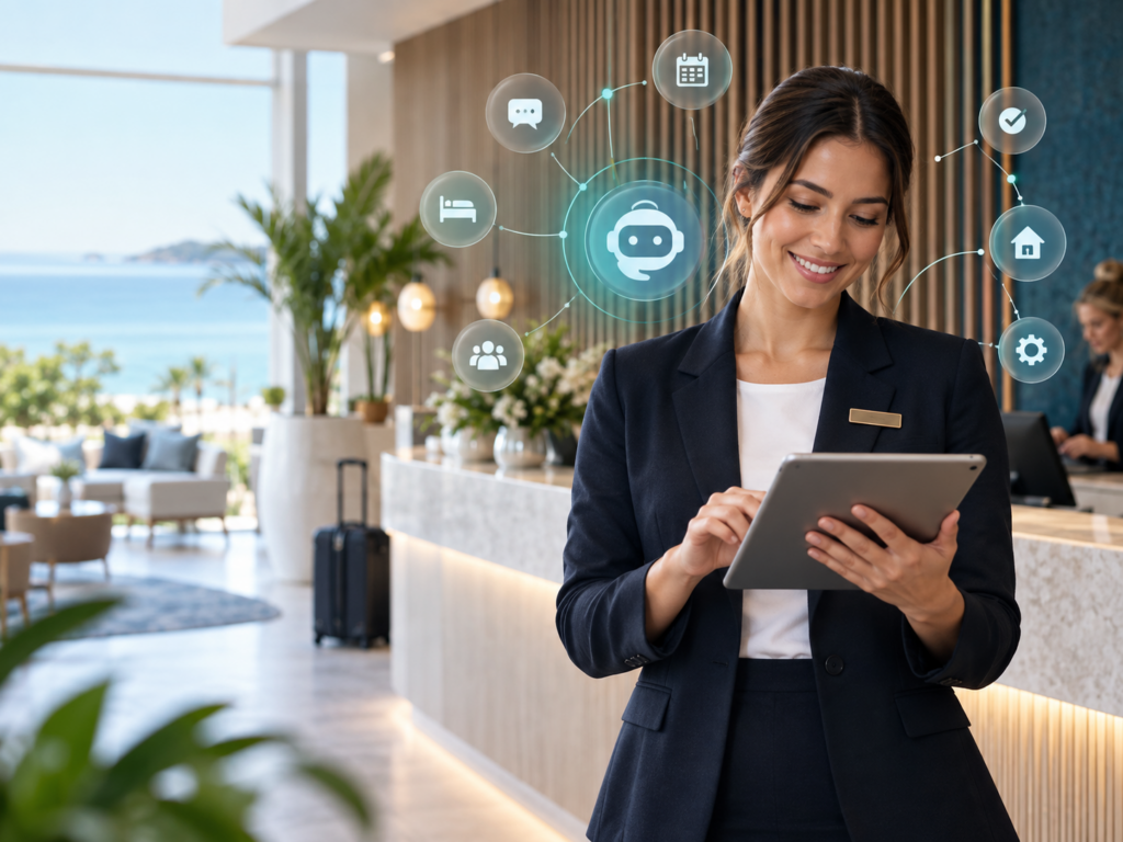 Hotel team member using AI virtual assistant and business automation technology