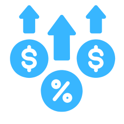 Profitability icon showing dollar and percentage signs in circles with arrows pointing upwards used to denote trust accounting on a resort management software page